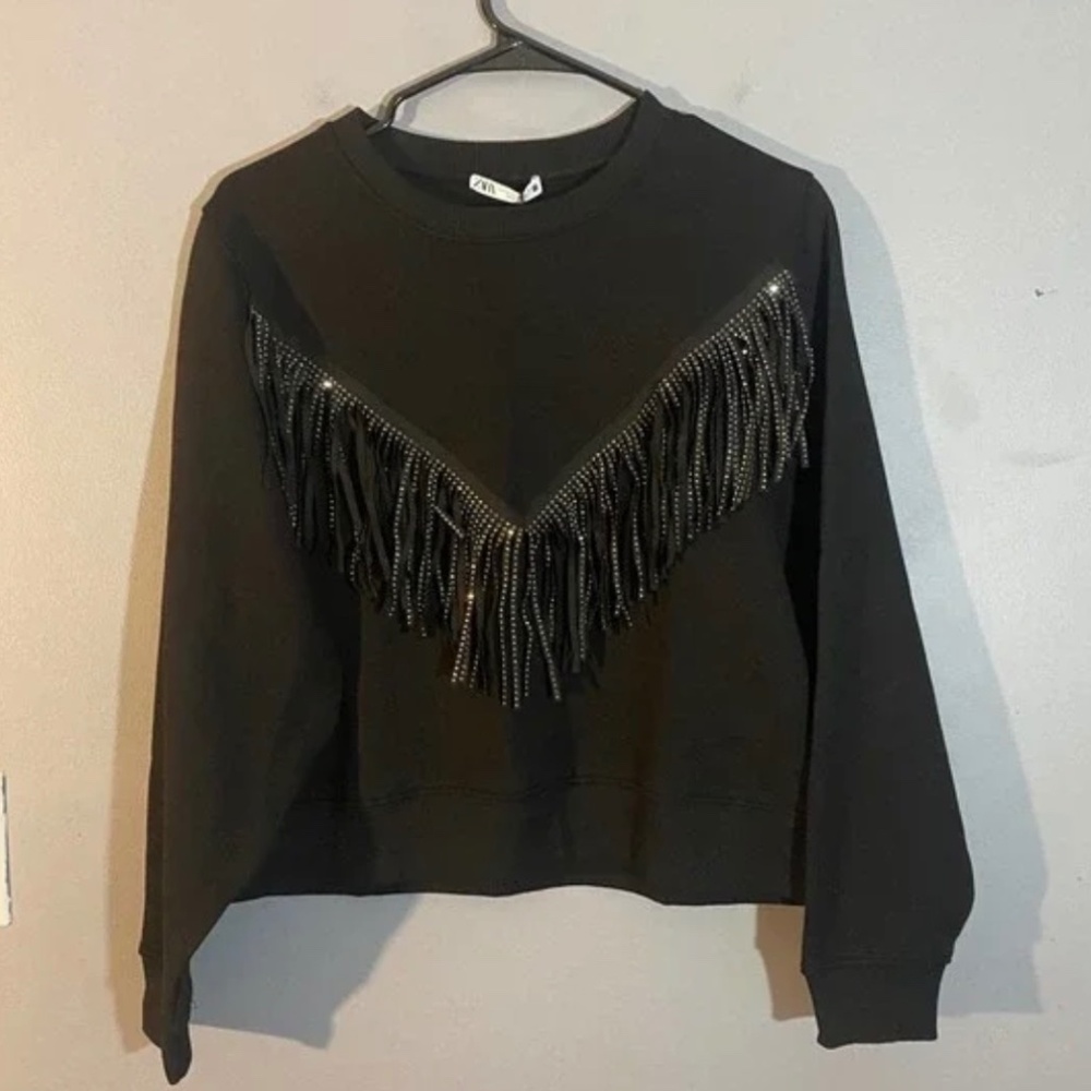 Zara Black Fringe Front Sweatshirt (XS)